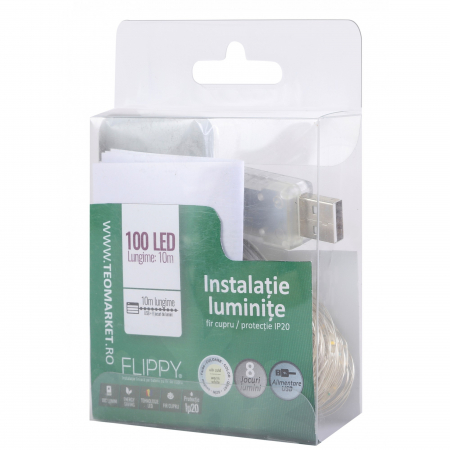 Instalatie Craciun, 10 metri, 100 LED-uri, alb cald, telecomanda 8 functii, USB, fir cupru, liniar, interior/exterior, Flippy [8]