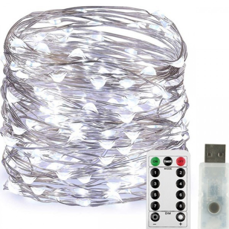 Decoratiuni, ornamente si articole Craciun - Instalatie Craciun, 10 metri, 100 LED-uri, USB, Telecomanda cu 8 functii, alb rece, Flippy