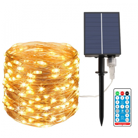 Decoratiuni, ornamente si articole Craciun - Instalatie Craciun, 100 LED-uri, 12 metri, pentru exterior cu incarcare solara, alb cald, Flippy