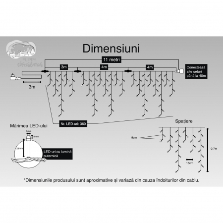 Instalatie Craciun, 11 m, 360 Led-uri ,Franjuri, Alb cald, 8 jocuri de lumini, Transformator cu telecomanda, Interconectabila, Prelungitor 3 m inclus, Fir Negru, Flippy [2]
