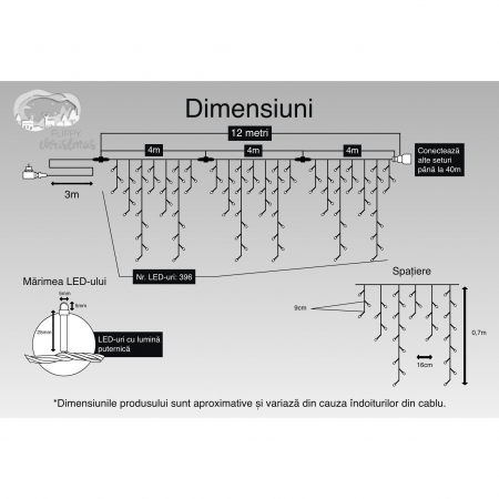 Instalatie Craciun, 12 m, 396 Led-uri ,Franjuri, Alb rece, Flash, Transformator cu telecomanda, Interconectabila, Prelungitor 3 m inclus, Fir Transparent, Flippy [2]