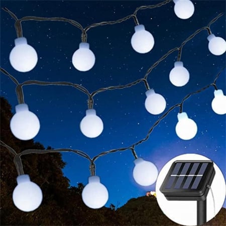Decoratiuni, ornamente si articole Craciun - Lichidare de stoc Instalatie Craciun, 12 metri, 100 de LED-uri cu ornament tip Bulb, 8 jocuri de lumini alb rece, cu energie solara, liniar, interior/exterior, Flippy