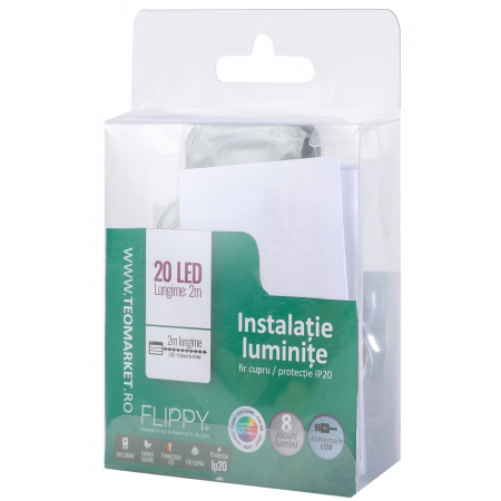 Instalatie Craciun, 2 metri, 20 LED-uri, multicolor, telecomanda 8 functii, USB, fir cupru, liniar, interior/exterior, Flippy [5]