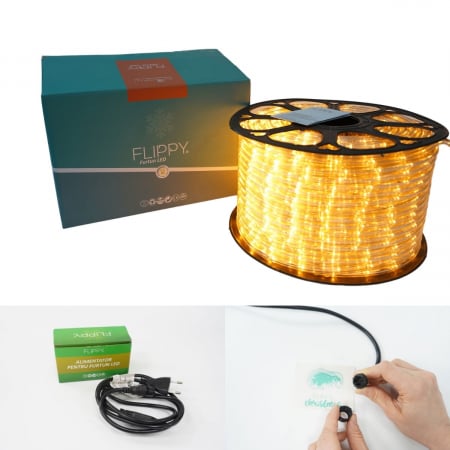 Instalatie Craciun, 20 m, 480 Led-uri, Furtun Luminos, Alb cald, Transformator, Sectionabila, 220 V, Flippy [15]