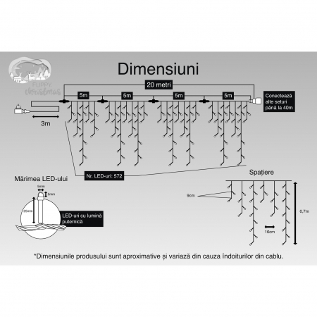 Instalatie Craciun, 20 m, 572 Led-uri ,Franjuri, Albastru, 8 jocuri de lumini, Transformator cu telecomanda, Interconectabila, Prelungitor 3 m inclus, Fir Transparent, Flippy [2]