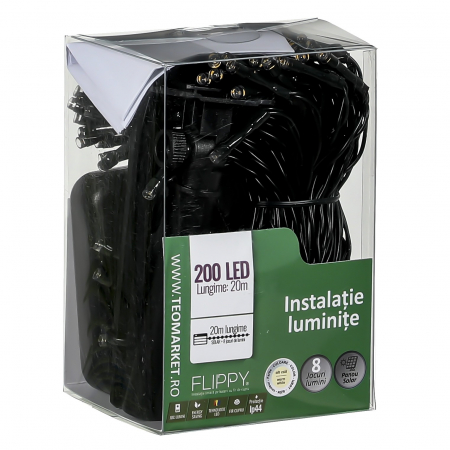 Instalatie Craciun, 20 metri, 200 de LED-uri, alb cald, cu energie solara, fir de cupru, liniar, interior/exterior, Flippy [6]