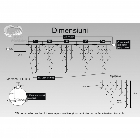 Instalatie Craciun, 23 m, 668 Led-uri ,Franjuri, Alb cald, Flash, Transformator cu telecomanda, Interconectabila, Prelungitor 3 m inclus, Fir Negru, Flippy [2]