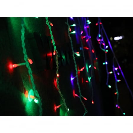 Instalatie Craciun, 25 m, 715 Led-uri ,Franjuri, Rosu / Verde/ Albastru, Flash, Transformator cu telecomanda, Interconectabila, Prelungitor 5 m inclus, Fir Negru, Flippy [1]