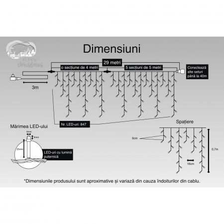 Instalatie Craciun, 29 m, 847 Led-uri ,Franjuri, Alb cald, Flash, Transformator, Interconectabila, Prelungitor 3 m inclus, Fir Transparent, Flippy [2]