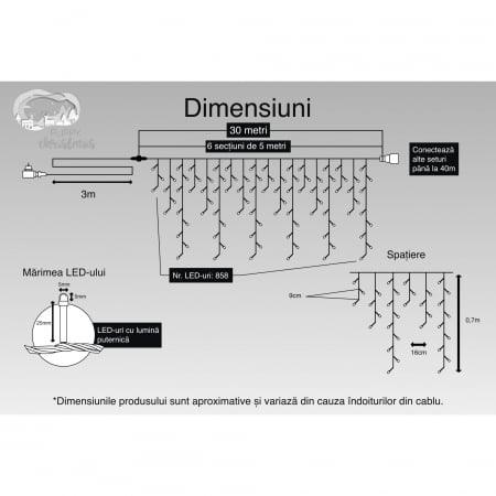 Instalatie Craciun, 30 m, 858 Led-uri ,Franjuri, Alb cald, 8 jocuri de lumini, Transformator cu telecomanda, Interconectabila, Prelungitor 3 m inclus, Fir Transparent, Flippy [4]