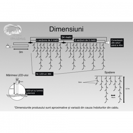 Instalatie Craciun, 34 m, 990 Led-uri ,Franjuri, Alb cald, Flash, Transformator cu telecomanda, Interconectabila, Prelungitor 3 m inclus, Fir Transparent, Flippy [2]