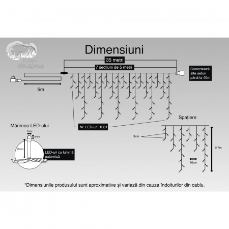 Instalatie Craciun, 35 m, 1001 Led-uri ,Franjuri, Rosu / Verde/ Albastru, Flash, Transformator cu telecomanda, Interconectabila, Prelungitor 5 m inclus, Fir Negru, Flippy [2]