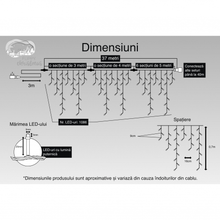 Instalatie Craciun, 37 m, 1086 Led-uri ,Franjuri, Alb rece, Flash, Transformator cu telecomanda, Interconectabila, Prelungitor 3 m inclus, Fir Negru, Flippy [2]
