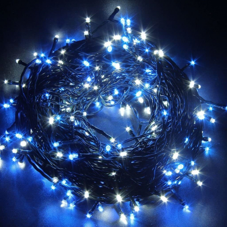 Instalatie Craciun, 40 m, 1144 Led-uri ,Franjuri, Albastru, 8 jocuri de lumini, Transformator cu telecomanda, Interconectabila, Prelungitor 3 m inclus, Fir Negru, Flippy [1]