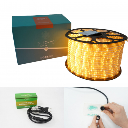 Instalatie Craciun, 46 m, 1104 Led-uri, Furtun Luminos, Alb cald, Transformator, Sectionabila, 220 V, Flippy [5]