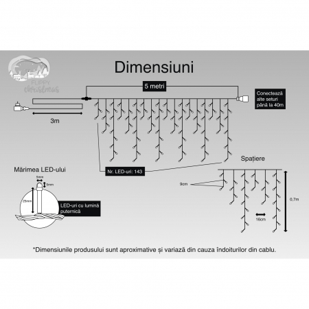 Instalatie Craciun, 5 m, 96 Led-uri ,Franjuri, Alb cald, 8 jocuri de lumini, Transformator cu telecomanda, Interconectabila, Prelungitor 3 m inclus, Fir Alb, Flippy [2]
