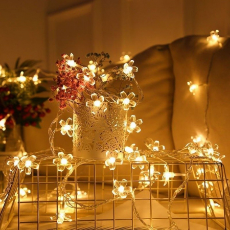 Instalatie Craciun, 5 metri, 20 Becuri LED tip Flori de cires, pentru exterior cu incarcare solara, Alb cald, Flippy [10]