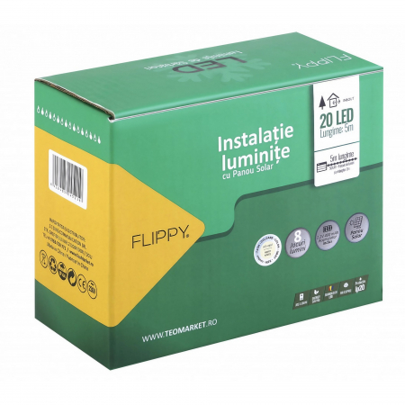 Instalatii Solare - Instalatie Craciun, 5 metri, 20 de LED-uri cu ornament tip Bulb, 8 jocuri de lumini alb cald, cu energie solara, liniar, cablu verde, interior/exterior, Flippy