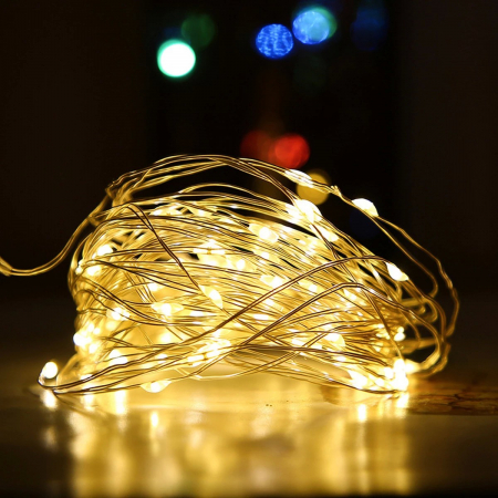Decoratiuni, ornamente si articole Craciun - Instalatie Craciun, 5 metri, 50 LED-uri, cu Baterii si Telecomanda cu 8 functii, Alb cald, Flippy