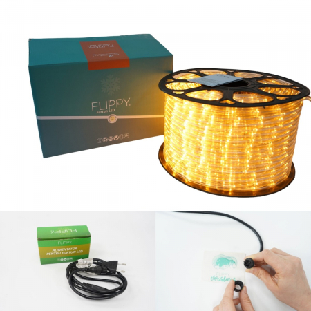 Instalatie Craciun, 56 m, 1344 Led-uri, Furtun Luminos, Alb cald, Transformator, Sectionabila, 220 V, Flippy [15]