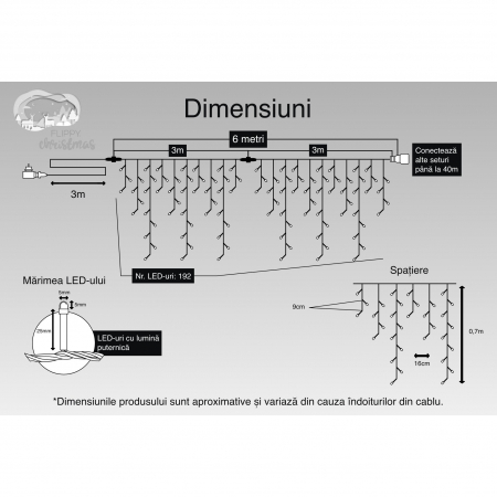 Instalatie Craciun, 6 m, 192 Led-uri ,Franjuri, Alb cald, Flash, Transformator cu telecomanda, Interconectabila, Prelungitor 3 m inclus, Fir Negru, Flippy [2]