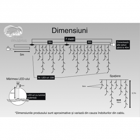Instalatie Craciun, 7 m, 228 Led-uri ,Franjuri, Alb cald, Flash, Transformator cu telecomanda, Interconectabila, Prelungitor 5 m inclus, Fir Negru, Flippy [2]