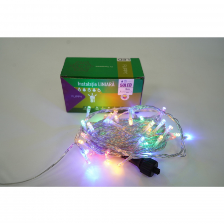 Instalatie Craciun, 75 m, 750 Led-uri ,Liniara, Multicolor, 8 jocuri de lumini, Transformator cu telecomanda, Interconectabila, Prelungitor 3 m inclus, Fir Transparent, Flippy [2]