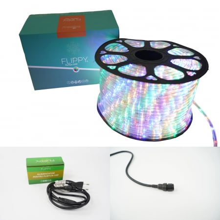 Instalatie Craciun, 80 m, 1920 Led-uri, Furtun Luminos, Multicolor, Transformator, Sectionabila, 220 V, Flippy [5]