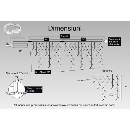 Instalatie Craciun, 9 m, 275 Led-uri ,Franjuri, Alb cald, Flash, Transformator, Interconectabila, Prelungitor 5 m inclus, Fir Negru, Flippy [2]