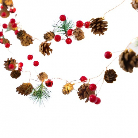 Decoratiuni, ornamente si articole Craciun - Instalatie Craciun cu baterii, 2 metri, 20 LED-uri tip Ace, conuri de pin si clopotei, Alb Cald, Flippy