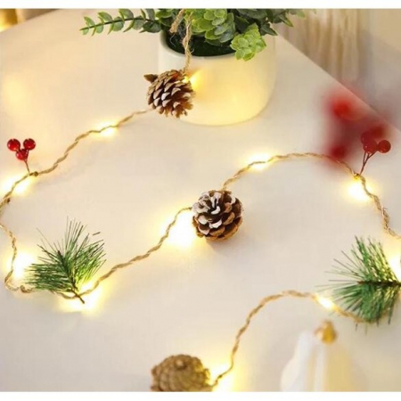Instalatie Craciun cu baterii, 2 metri, 20 LED-uri tip ace si conuri de pin simple, Alb Cald, Flippy [1]