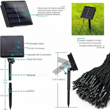 Instalatie Craciun Flippy, 32 metri, 300 de LED-uri, cu Energie Solara, Fir de Cupru, Liniar, Interior/Exterior, Multicolor [1]