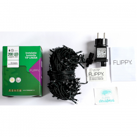 Instalatie Craciun liniara, cu transformator, 20 m, Alb Cald, 200 LED-uri V5, 8 jocuri de lumini, fir verde, Flippy [2]
