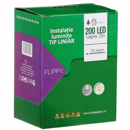Instalatie Craciun liniara, cu transformator, 20 m, Alb Cald, 200 LED-uri V5, 8 jocuri de lumini, fir verde, Flippy [1]