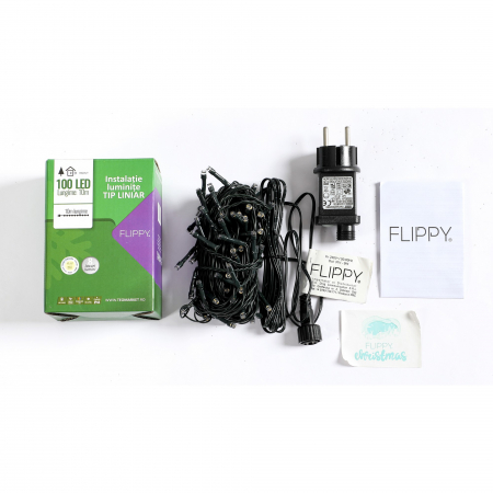 Instalatie Craciun liniara, cu transformator 31V, 10m, alb cald, 100 LED-uri V5, 8 jocuri de lumini, Fir verde, Flippy [2]