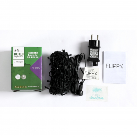 Instalatie Craciun liniara, cu transformator 31V, 10m, Alb Rece, 100 LED-uri V5, 8 jocuri de lumini, Fir verde, Flippy [6]