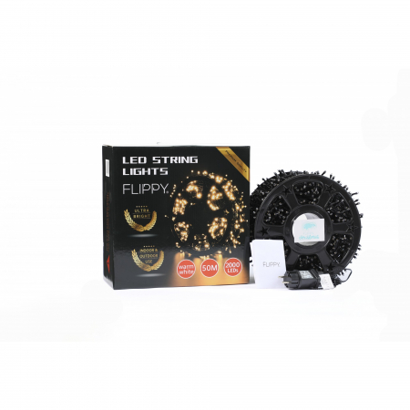 Instalatie Craciun liniara cu transformator, 50m, alb cald, 2000 LED-uri, fir negru, 8 jocuri de lumini, Flippy [2]