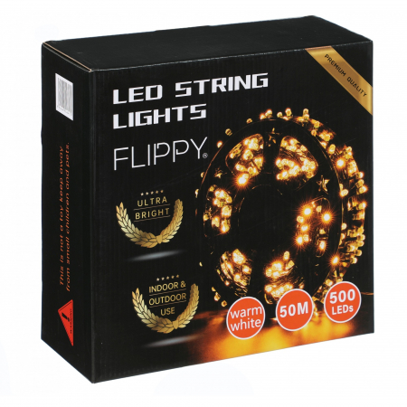 Instalatie Craciun liniara cu transformator, 50m, alb cald, 500 LED-uri, fir negru, 8 jocuri de lumini, Flippy [2]