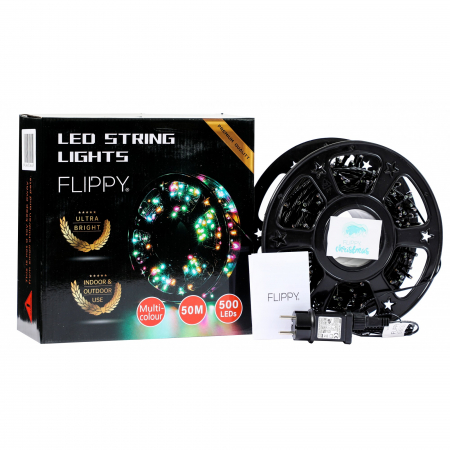 Instalatie Craciun liniara, fir negru, cu transformator, 50m, alb cald, 500 LED-uri V5, 8 jocuri de lumini, Flippy [8]