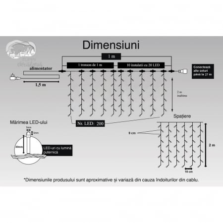 Instalatie Craciun Profesionala de Exterior IP65, Tip Perdea, 1m x 2m, 200 Led-uri Mari, Alb rece, cu flash, Alimentator 1,5 m, Interconectabila, Fir negru, Flippy [10]