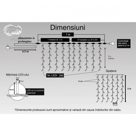 Instalatie Craciun Profesionala de Exterior IP65, Tip Perdea, 1m x 2m, 200 Led-uri Mari, Alb rece, cu flash, Alimentator si prelungitor 6,5 m, Interconectabila, Fir negru, Flippy [5]