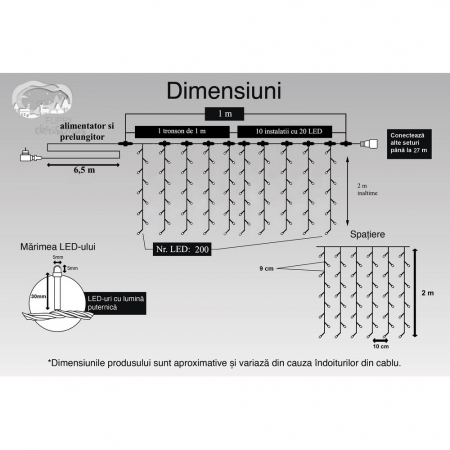 Instalatie Craciun Profesionala de Exterior IP65, Tip Perdea, 1m x 2m, 200 Led-uri Mari, Alb rece, cu flash, Alimentator si prelungitor 6,5 m, Interconectabila, Fir negru, Flippy [10]