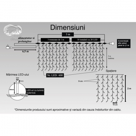 Instalatie Craciun Profesionala de Exterior IP65, Tip Perdea, 3m x 2m, 600 Led-uri Mari, Alb rece, cu flash, Alimentator si prelungitor 6,5 m, Interconectabila, Fir negru, Flippy [10]