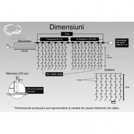 Instalatie Craciun Profesionala de Exterior IP65, Tip Perdea, 3m x 5m, 1500 Led-uri Mari, Alb cald, cu flash, Alimentator 1,5 m, Interconectabila, Fir negru, Flippy [11]
