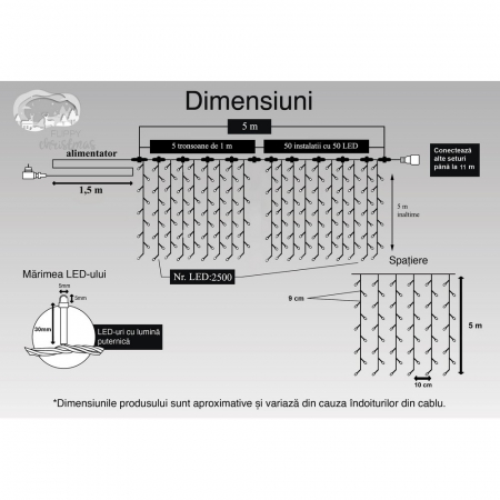 Instalatie Craciun Profesionala de Exterior IP65, Tip Perdea, 5m x 5m, 2500 Led-uri Mari, Alb rece, cu flash, Alimentator 1,5 m, Interconectabila, Fir negru, Flippy [10]