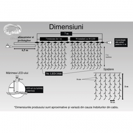 Instalatie Craciun Profesionala de Exterior IP65, Tip Perdea, 7m x 5m, 3500 Led-uri Mari, Alb cald, cu flash, Alimentator si prelungitor 6,5 m, Interconectabila, Fir negru, Flippy [11]