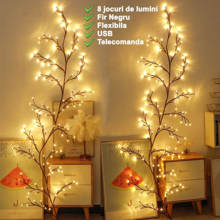 Instalatie Craciun tip Creanga Flippy, 144 LED-uri, Conectare USB, 8 Jocuri de Lumini, Telecomanda, 2.5 m, Prelungitor 2 m, 3V, Fir Negru, Alb Cald [7]
