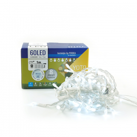 Instalatie Craciun, Tip Perdea, 1 m x 1 m, 60 LED-uri, Alb Rece, Controler, 8 jocuri de lumini, Interconectabila, Fir transparent, Interior/ Exterior, Flippy [2]