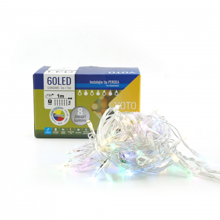 Instalatie Craciun, Tip Perdea, 1 m x 1 m, 60 LED-uri, Multicolor, Controler, 8 jocuri de lumini, Interconectabila, Fir transparent, Interior/ Exterior, Yoto [1]