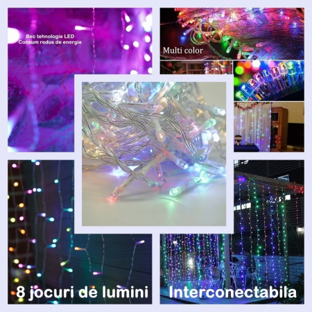 * LICHIDARE STOC * Instalatie Craciun, Tip Perdea, 1 m x 1 m, 60 LED-uri, Multicolor, Controler, 8 jocuri de lumini, Interconectabila, Fir transparent, Interior/ Exterior, Yoto - [6]